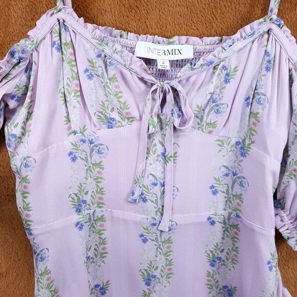 INTERMIX Mini Dress Womens Size 2 Purple Floral Off the Shoulder Smocked Girly - Picture 6 of 15